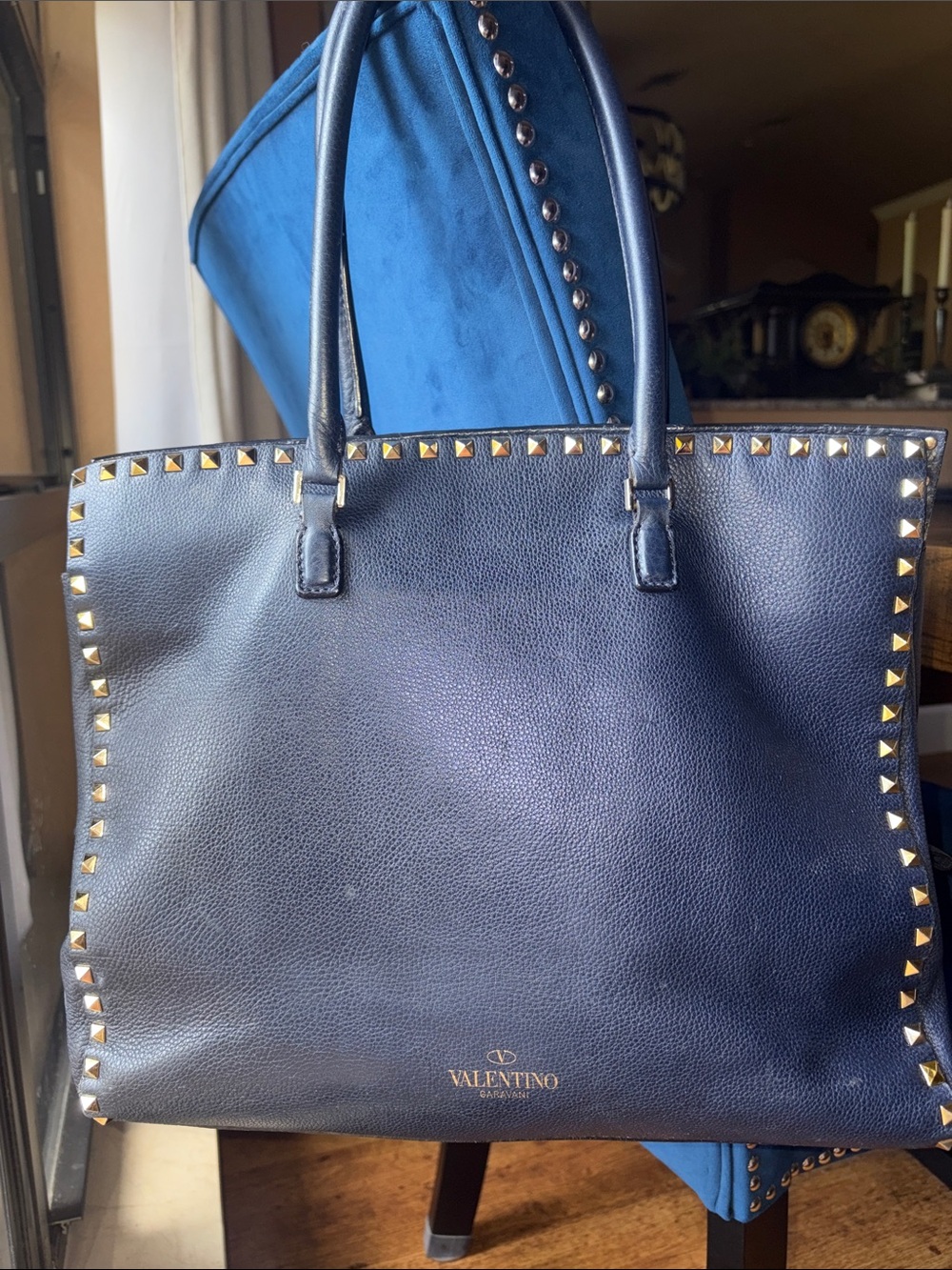 Valentino Garavani Navy Rockstud Leather Tote